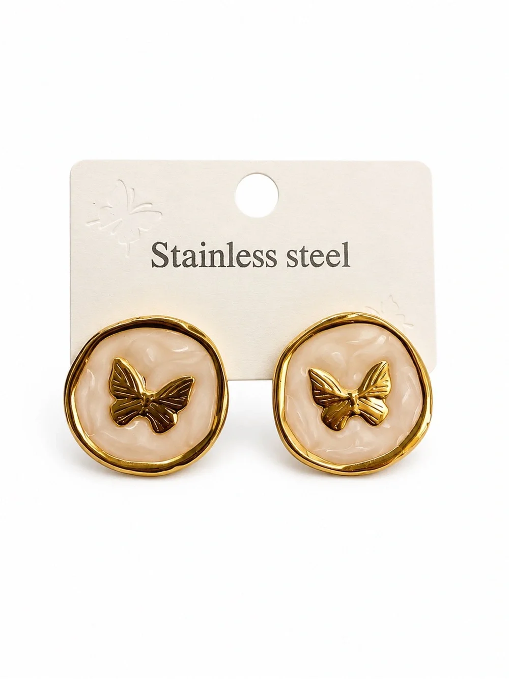 Gold & Cream Butterfly Stud Earrings - Stainless Steel